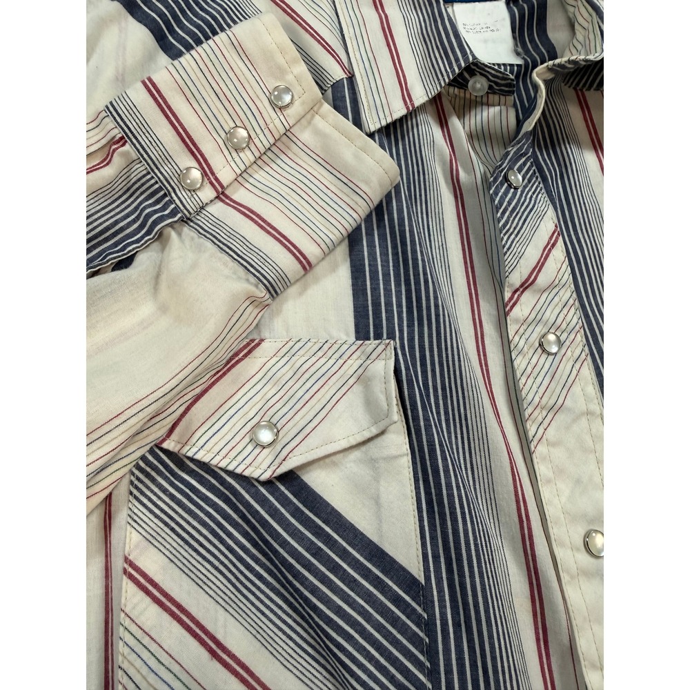 VTG Wrangler Western Pearl Snap Shirt Striped Red Cream Blue 2XL Yoke Americana - Picture 4 of 16